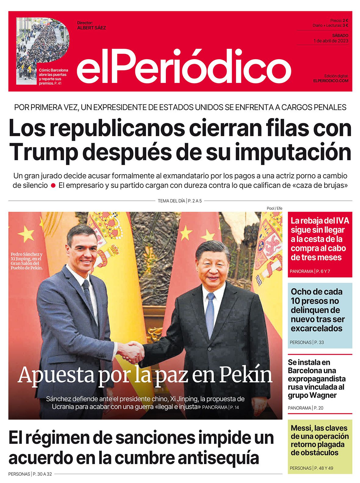 La portada de EL PERIÓDICO del 1 de abril de 2023