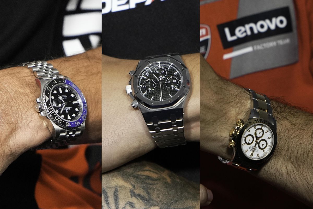El Rolex ’Battman’ de Aleix Espargaró, el Audemars Piguet de Fabio Quartararo y el Rolex ’Daytona’ de ’Pecco’ Bagnaia. El Rolex ’Battman’ de Aleix Espargaró, el Audemars Piguet de Fabio Quartararo y el Rolex ’Daytona’ de ’Pecco’ Bagnaia.