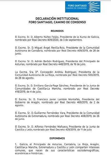 Declaración de Santiago de ocho presidentes autonómicos (Galicia, Asturias, Cantabria, Castilla y León, Castilla-La Mancha, La Rioja, Aragón y Extremadura), de 23 de noviembre de 2021