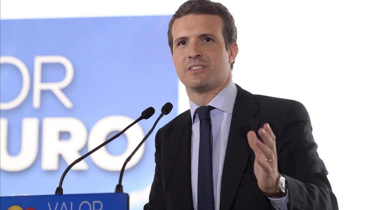 El candidato del PP, Pablo Casado, este lunes en Barcelona, durante la presentación de su programa electoral.
