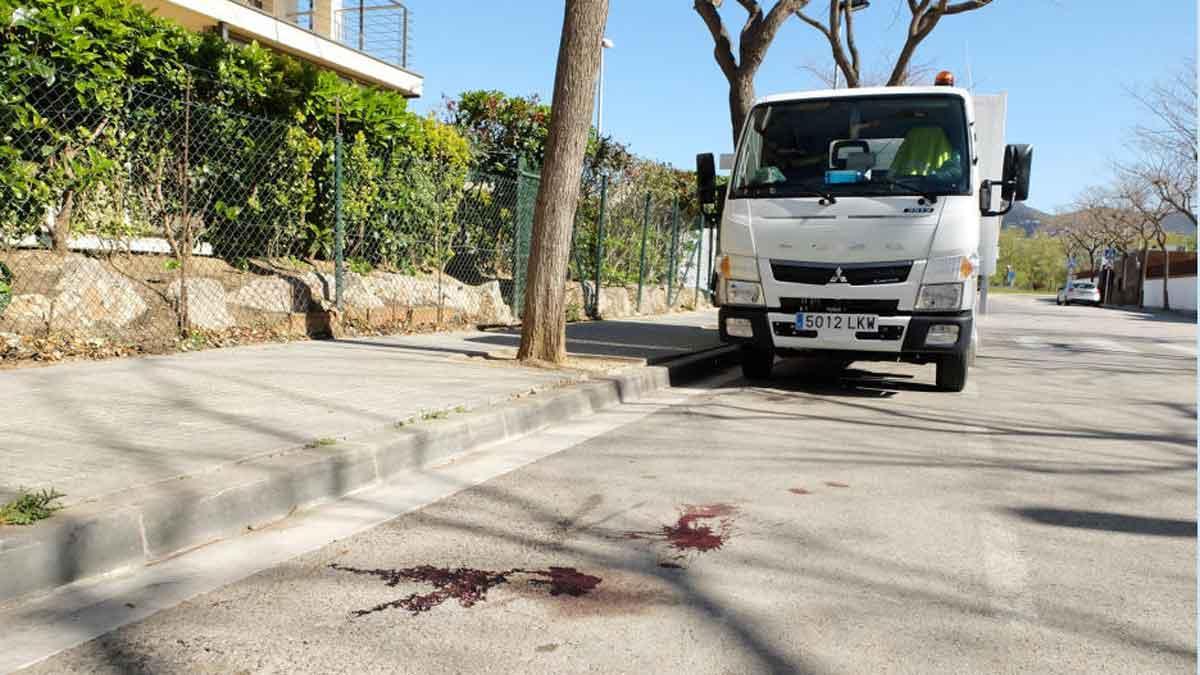 Restos de sangre en la calle de Roses donde estaba aparcado el vehículo con el cadáver.