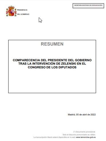 Intervención de Pedro Sánchez ante Volodímir Zelenski en el Congreso (5 de abril de 2022)