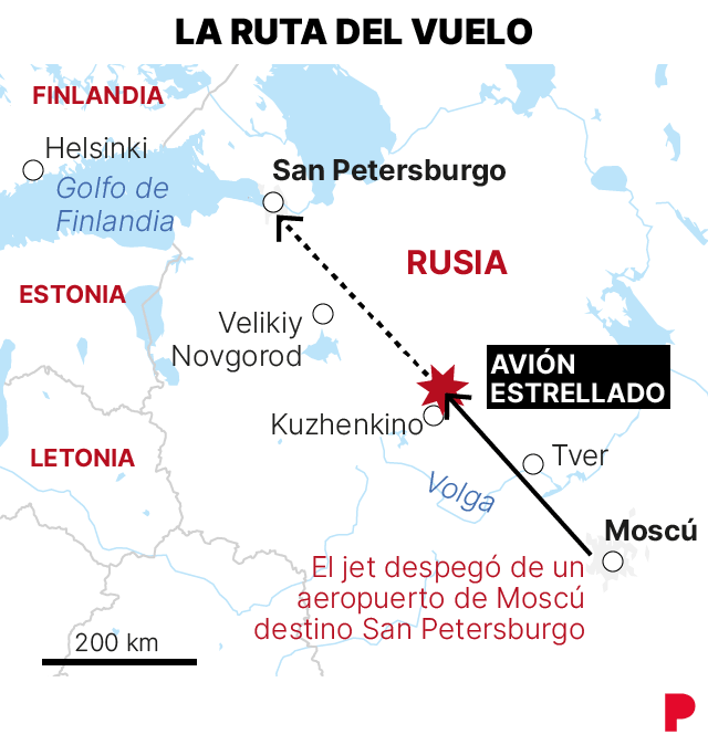 ruta del avion estrellado en Rusia en el que se cree que iba el jefe del grupo Wagner, Yevgueni Prigozhin