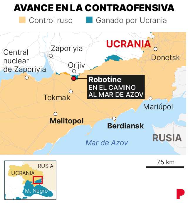 mapa de Robotine, ciudad recuperada por Ucrania en la contraofensiva contra la invasión Rusa. Robotine está en el camino al mar de Azov