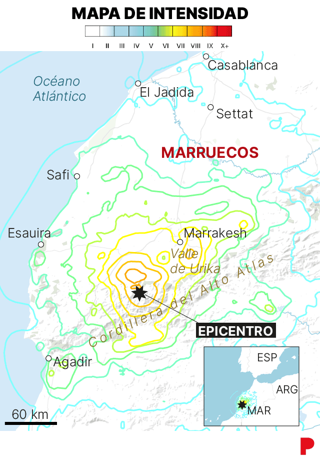 Mapa del terratrèmol al Marroc del 9 de setembre del 2023, a 60 km de Marràqueix