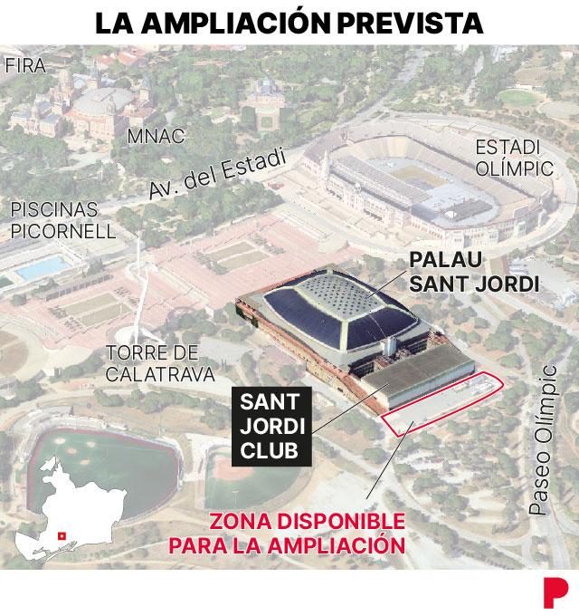 Foto aérea que muestra la zona que se podría dedicar a la ampliación del Sant Jordi Club, en la montaña de Montjuïc de Barcelona