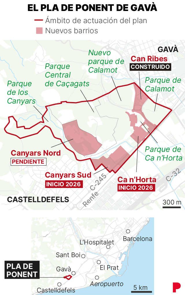 Mapa que muestra la situación del plan urbanístico de Ponent, en Gavà, con los nuevos barrios que se construiran, como el de Canyars