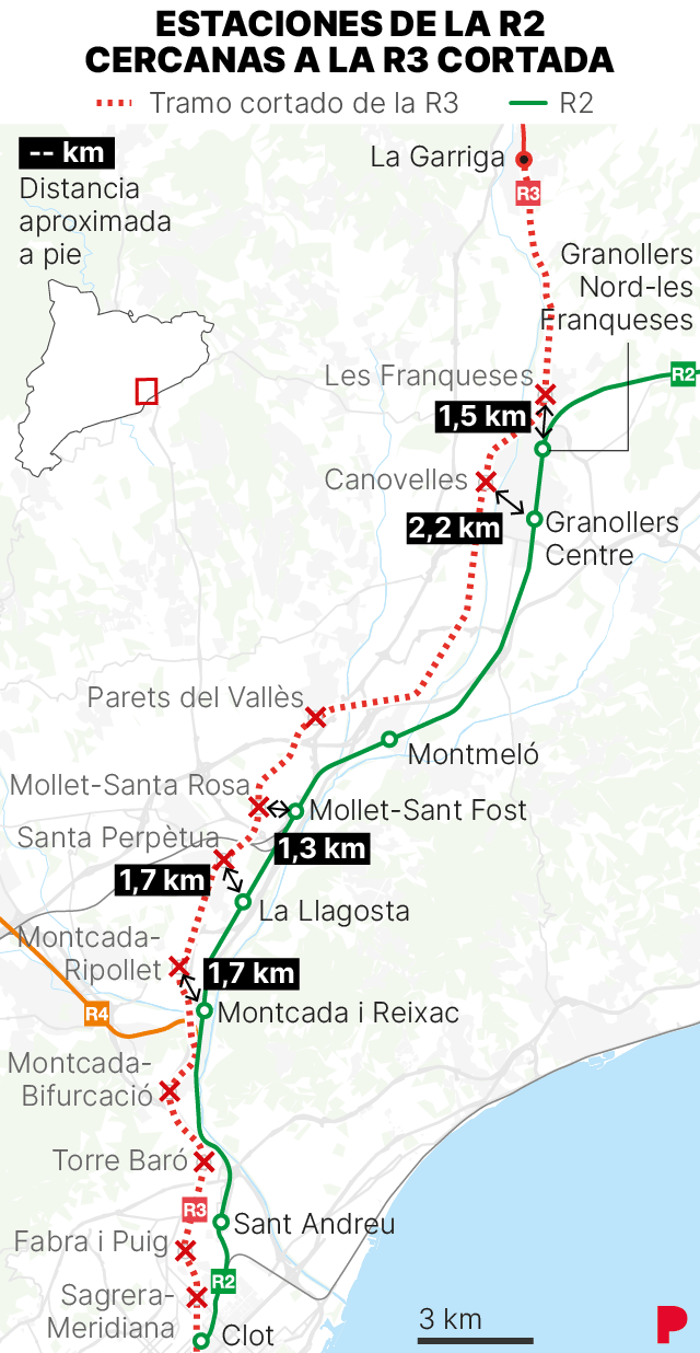 Corte de la linea de Rodalies R3. Mapa que muestra las estaciones de la R2 que se pueden usar como alternativa