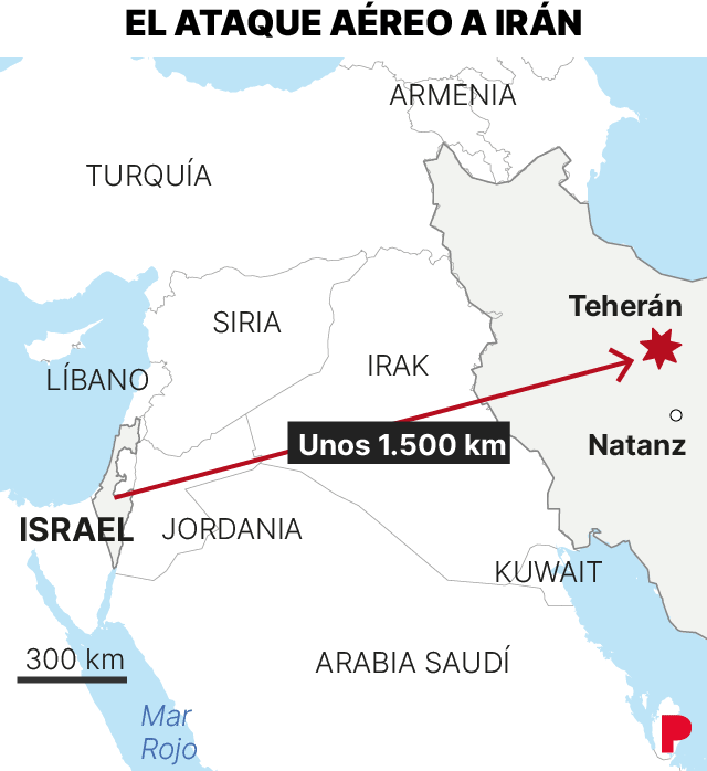 Mapa que muestra la distancia entre Israel e Irán, después del ataque aéreo a las instalaciones nucleares iranís.