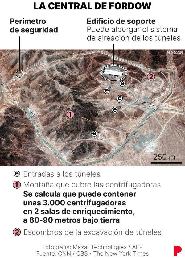 Imatge satèl·lit de la central nuclear de Fordow, a l’Iran. Es marquen les entrades als túnels i la resta d’instal·lacions.