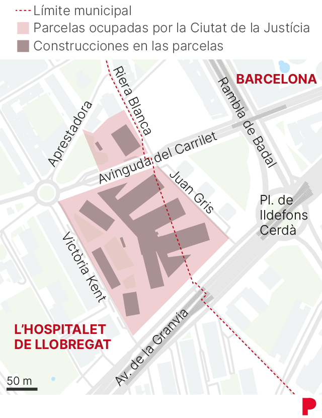 Mapa con el límite municipal entre Barcelona y L'Hospitalet, que marca qué parte de la Ciutat de la Justícia está en cada ciudad.
