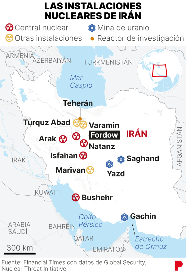 Mapa que mostra la ubicació de les centrals nuclears i de les mines d’urani a l’Iran