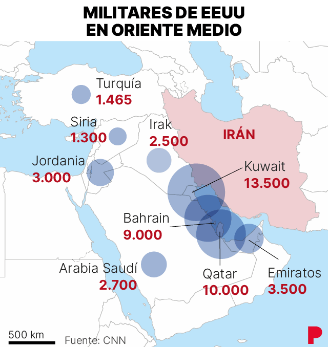 Mapa que muestra la cantidad de militares de EEUU que hay en los países de Oriente Medio. Kuwait es el país que acoge más, con 13.500