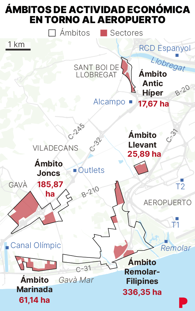 Mapa del delta del río Llobregat, cerca del aeropuerto de Barcelona, en el que se ubican los cinco ámbitos de actividad económica aprobados.