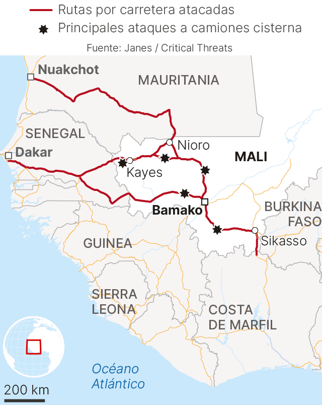 Mapa de Mali, en Africa, que muestra las rutas atacadas por los yihadistas