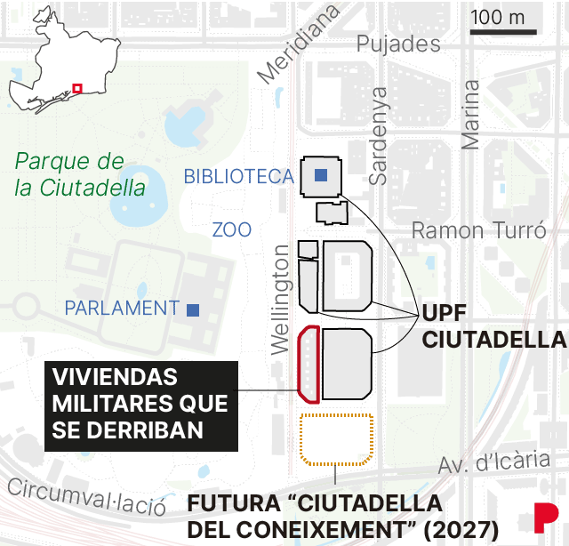 Mapa del campus UPF Ciutadella, Barcelona, que indica la ubicación de las viviendas militares que se derriban para ampliar la universidad.