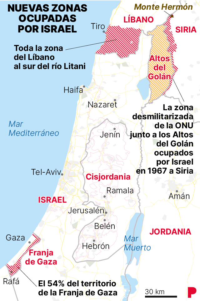 Mapa de las zonas ocupadas por Israel recientemente en los países de su entorno