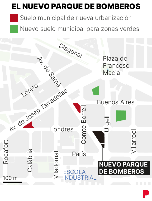 Mapa que muestra la ubicaci&oacute;n del nuevo parque de bomberos en la av. de Sarri&agrave; con Urgell, al lado de la Escola Industrial