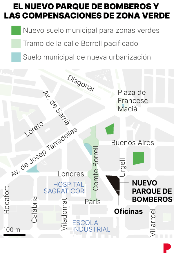 Mapa de ubicación del futuro parque de bomberos en la avenida Sarrià de barcelona
