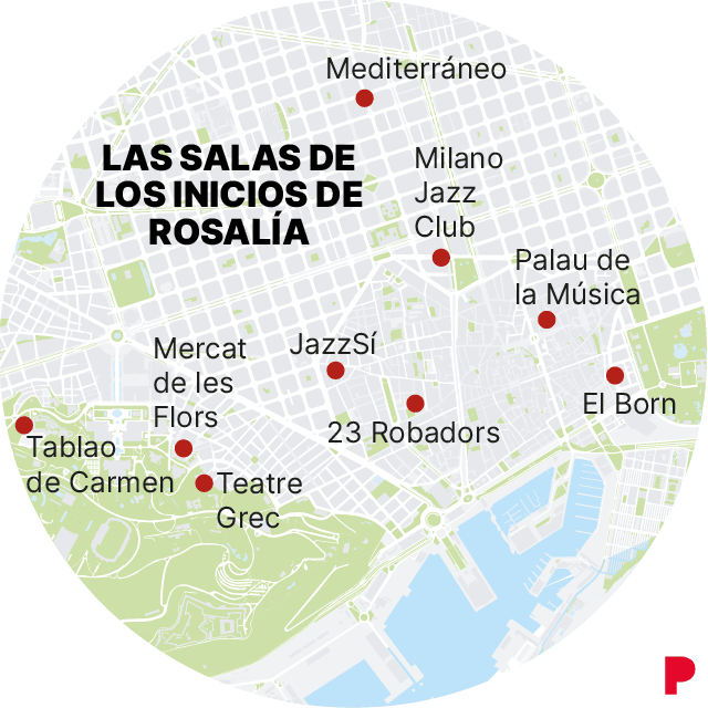 Mapa que muestra las salas de Barcelona en las que empezó a cantar Rosalía