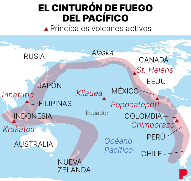 Mapa que muestra el cinturón de fuego del océano Pacífico