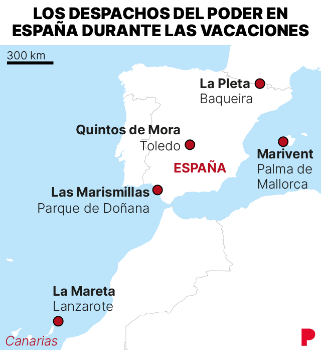 Mapa que muestra la ubicación de las residencias de vacaciones de los dirigentes españoles