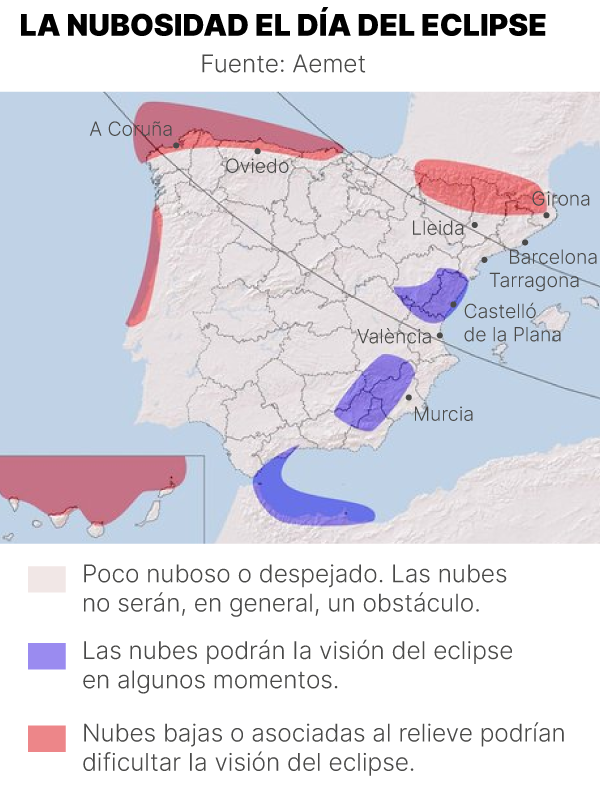 mapa de Aemet con la probabilidad de nubes durante el eclipse