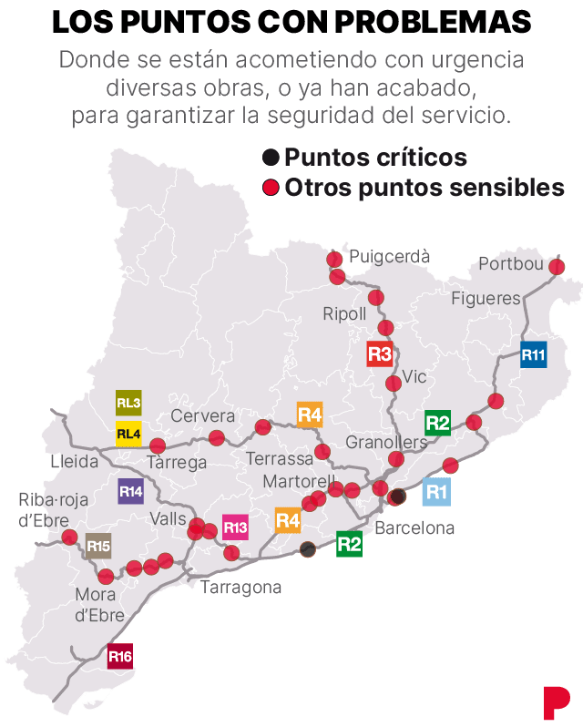 Mapa de los puntos críticos detectados por Adif y los maquinistas en la red de Rodalies de Barcelona y en la de trenes regionales y de media distancia de Catalunya, en enero de 2026