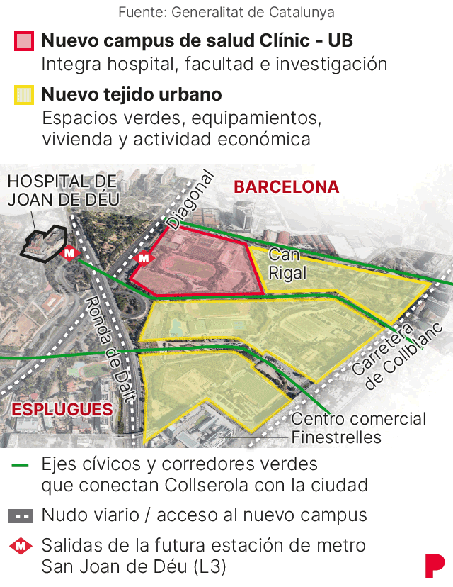 Mapa que muestra la ubicación del campus del Hospital Clínic cerca de Sant Joan de Déu y Esplugues