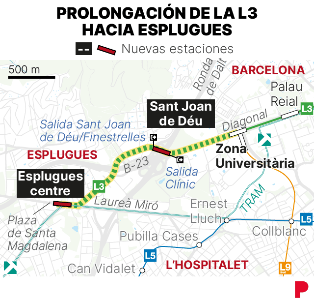 Mapa que muestra la prolongación de la L3 del metro de Barcelona desde Zona Universitària hacia Sant Joan de Déu y el centro de Esplugues