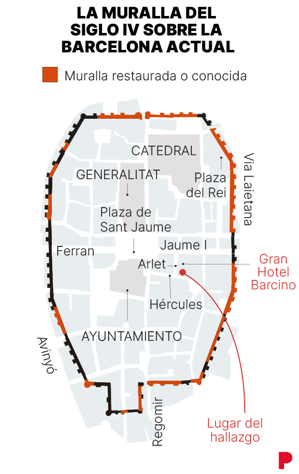 mapa de las murallas romanas de Barcelona. Barcino, con las calzadas del cardo maximus y el decumanus