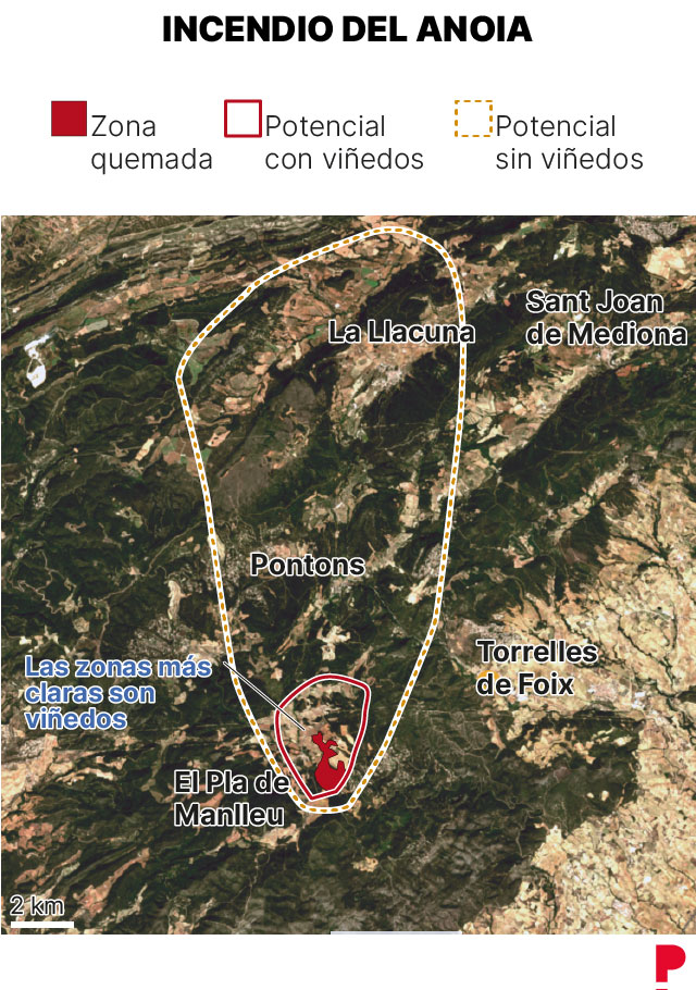 Mapa satélite que muestra el potencial del incendio del Pla de Manlleu, Anoia