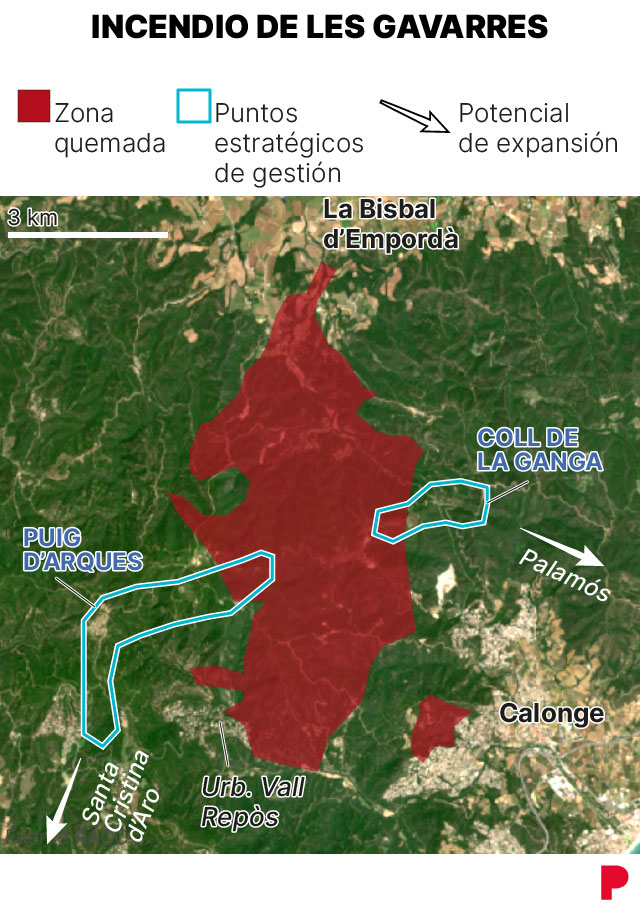 Mapa satélite que muestra el potencial del incendio de les Gavarres, la Bisbal d'Empordà
