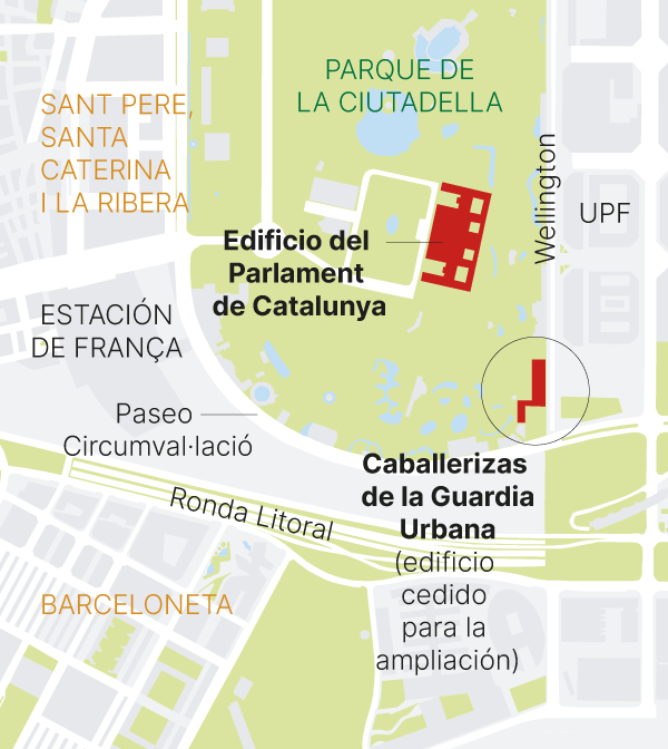 Mapa del edificio de las Caballerizas de la Guardia Urbana, cedido para ampliar el Parlament de Catalunya en el parque de la ciutadella de Barcelona