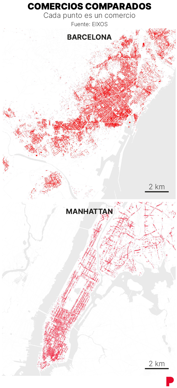Mapa de la superficie comercial comparada entre Barcelona y Manhattan. Informe: Eixos