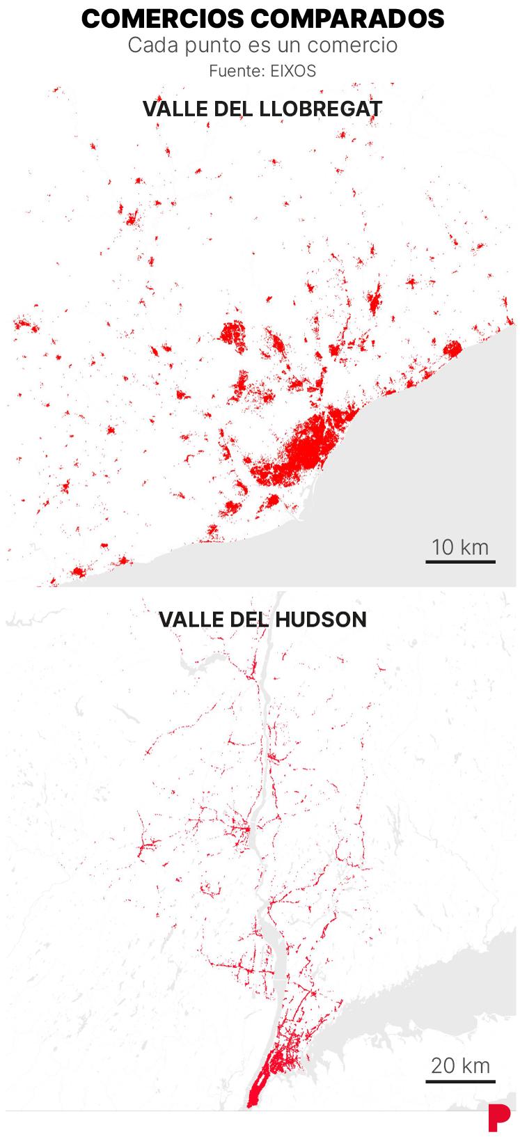 Mapa de la superficie comercial comparada entre Barcelona y Manhattan. Informe: Eixos