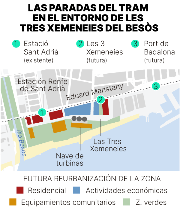 mapa de las futuras paradas del Tram en el entorno de Les Tres Xemeneies del Besòs y Badalona