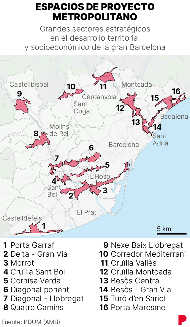Mapa del área metropolitana de Barcelona que muestra los ESPACIOS DE PROYECTO METROPOLITANO que se recogen el en PDUM