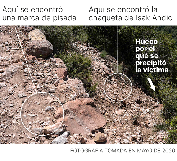 foto tomada en mayo del 2026 del lugar donde aparece una huella en la caida de Isak Andic