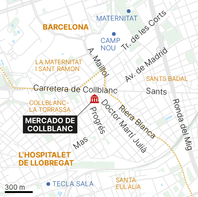 Mapa que muestra la ubicación del mercado de Collblanc, en L'Hospitalet de Llobregat