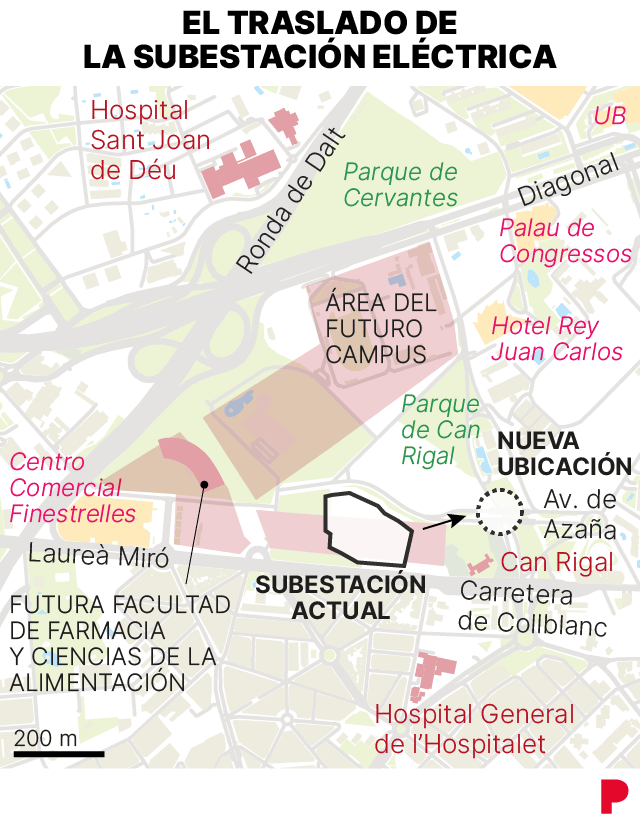 Mapa que muestra el traslado de la subestación eléctrica de Collblanc en Can Rigal por la construcción del campus salut Clínic-UB
